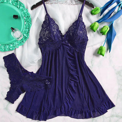 2 Pcs Set Sexy Lingerie Set Women Deep V Slip Dress Thong Erotic Bra Panty Sets Lace Nightdress Transparent Soft Nightgown