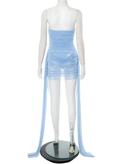 Weird Puss See  Through Dress Women Backless Sleeveless Tassel Double Deck Pleated Sexy Midnight Clubwear Party Mini Bodycon