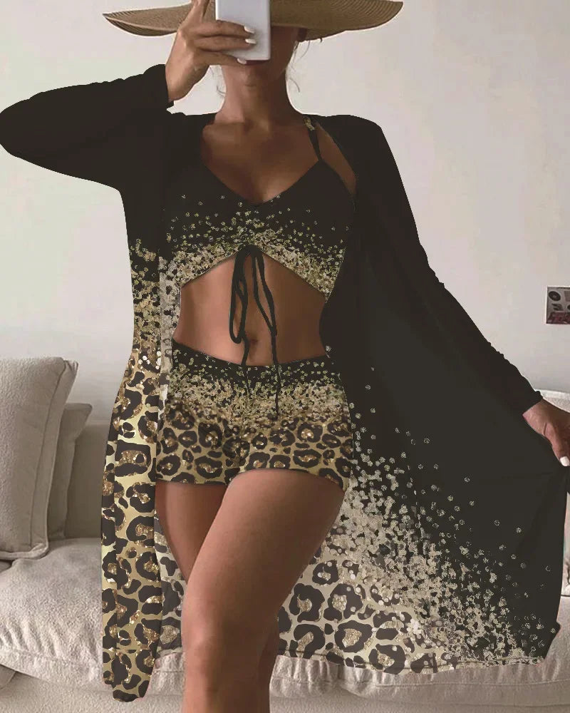 Women Bathing Suit  Print Leopard Bikinis 3 Pieces Swimsuit Kimono High Waist Bikini Shorts Long Sleeve Beach Cover Up Swimwear