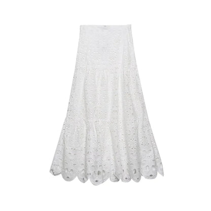 Spring Women Summer White Lace Dress Set Hollow Out Embroidery Shirt Skirt 2 Pcs Robe Outfits Single Breasting Cotton Maxi Dress