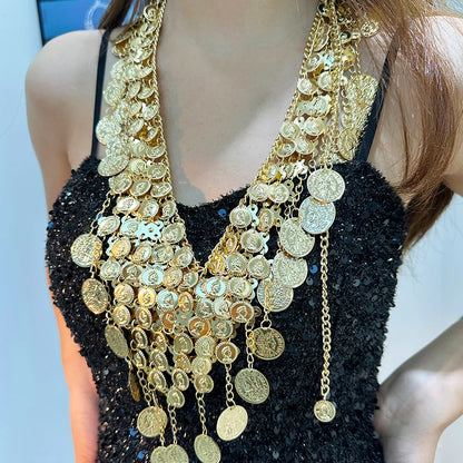 Punk exaggerated retro metal coin pendant necklace Fashion sexy exotic multi-layer fringe necklace waist chain women