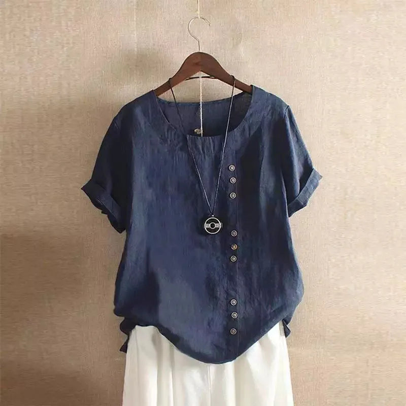18 Colors S-5XL Women Cotton Linen Button Blouse Summer Female O-Neck Short Sleeve Solid Shirt Tops WYLP-M03