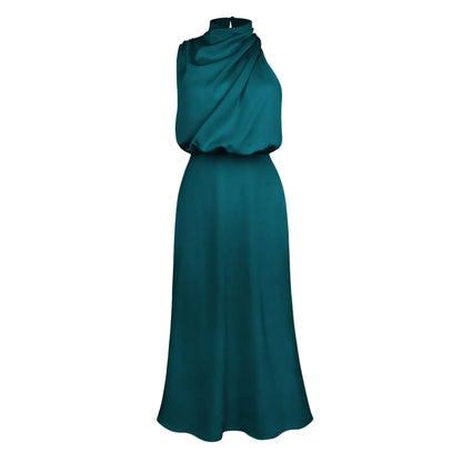 Foridol One Shoulder Turtleneck Tank Satin Women Party Dress Robe Zip Sleeveless Elegant Vintage Folds Women Clothing 2025