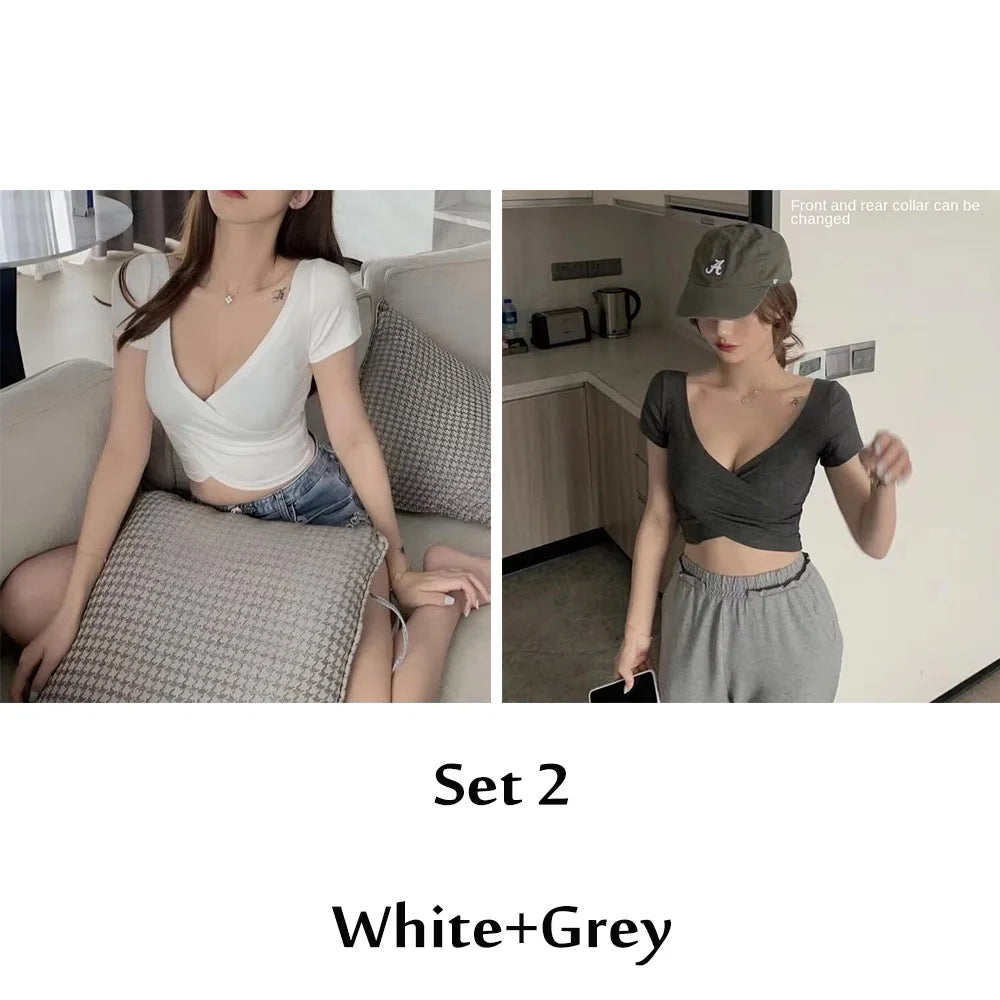 Korean Style Women's Tank Top Y2k Streetwear Solid Color Short Sleeved Crop Top Lady Summer Slim Fit Homewear Elastic Skinny Tee