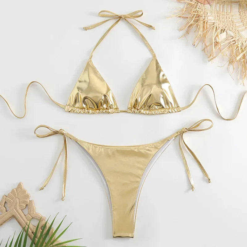 Sexy Red Shiny Triangle Micro Thong Bikinis Sets for Women Mini Swimwear Bathing Suits String Halter Bikini Mujer Swimsuit 2026