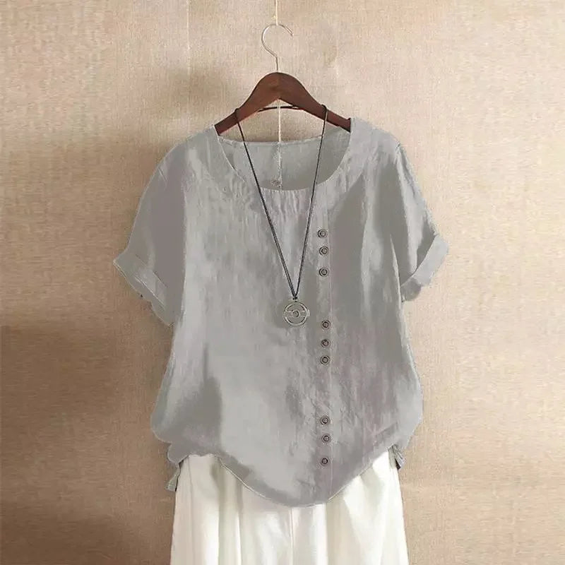 18 Colors S-5XL Women Cotton Linen Button Blouse Summer Female O-Neck Short Sleeve Solid Shirt Tops WYLP-M03