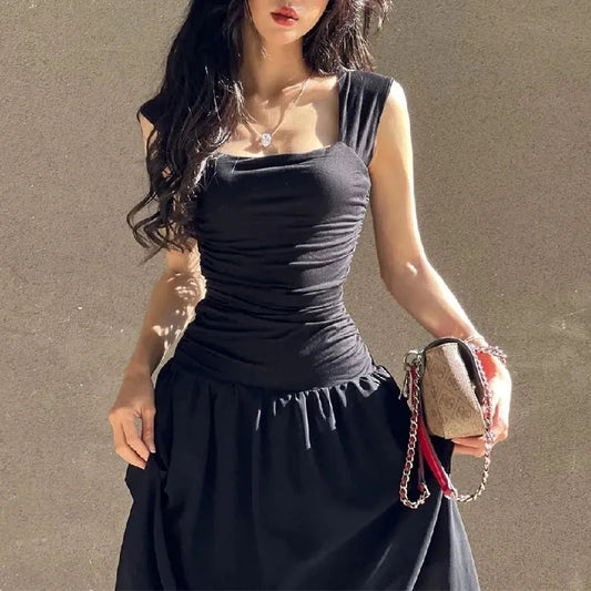 Ruched Bodycon Maxi Dress | Y2K Square Neck Slip Dress -femstylo