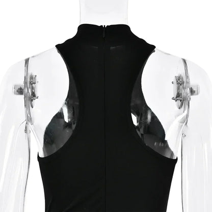 JULISSA MO Satin Sexy Hollow Out Women Maxi Dress Black Sleeveless High Waist Dress Female Autumn Skinny Elegant Party Clubwear