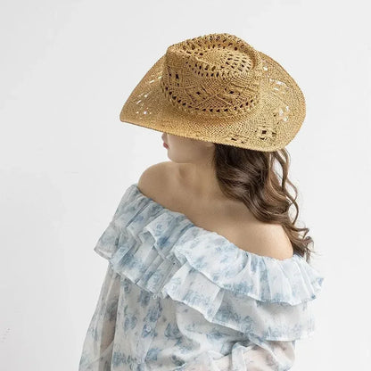 Summer Outdoor Men Women Hand-woven Western Cowboy Straw Hats Wide Brim Breathable Beach Jazz Cap Sun Protection Hat