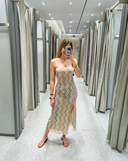 2026 Dress For Women Summer Chic Print Mesh Sleeveless Sexy Side Slit Slim Dresses Wild Beach Resort Style Woman Dress