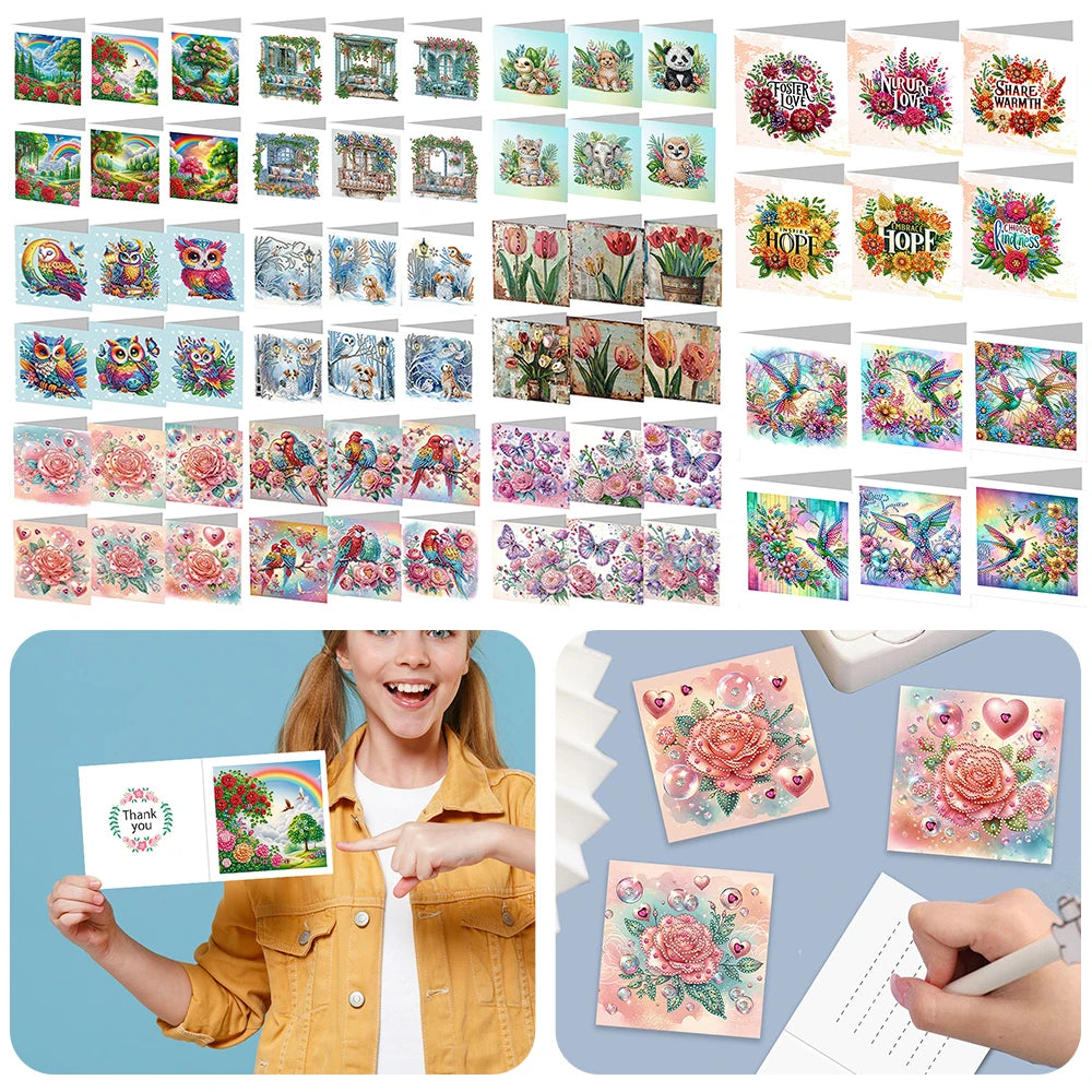 6Pcs DIY Diamond Painting Animal Flower Greeting Card Rinestone Embroidery Arts Craft Cards Kit Birthday Gift for Friend Gift
