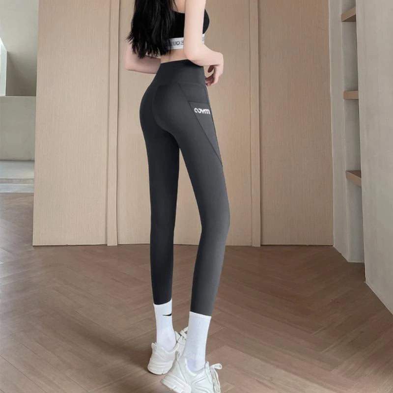 Horetong Women Sports Pants With Pocket High Waist Fitness Running Casual Streetwear Trousers Female Tight Workout Gym Clothing