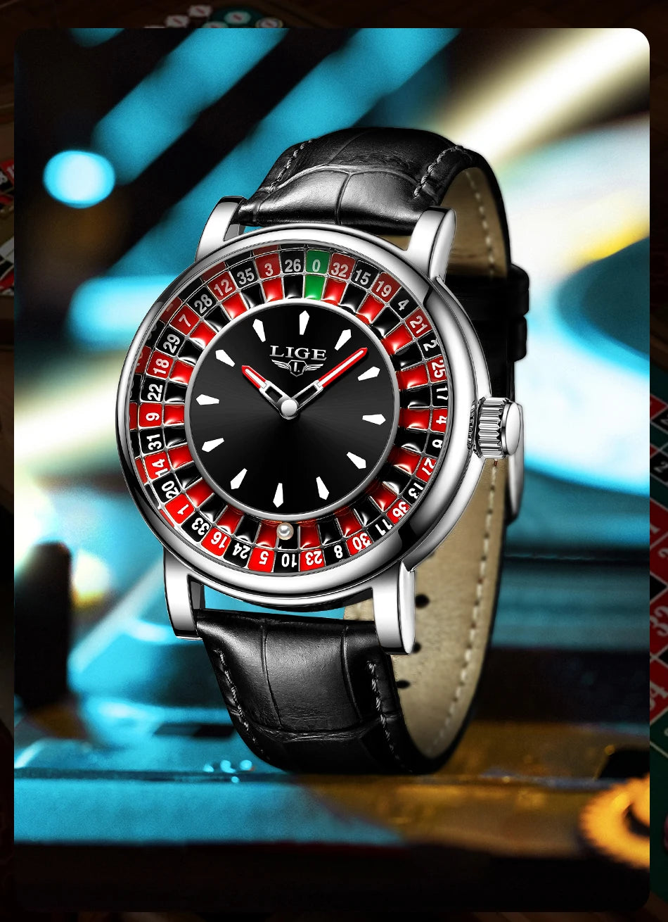 LIGE Quartz Man Watch Fashion Luxury Creative Roulette Game Dial Design Leather Casual Life Waterproof Watches for Men Gifts+Box