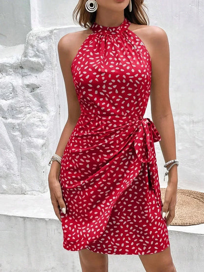 Women's Summer Fashion Hanging Neck Zipper Sleeveless Floral Pleated Short Dress Sexy Off Shoulder Lace-Up Mini Dress Vestidos
