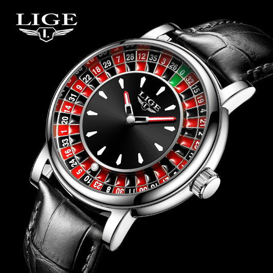 LIGE Quartz Man Watch Fashion Luxury Creative Roulette Game Dial Design Leather Casual Life Waterproof Watches for Men Gifts+Box