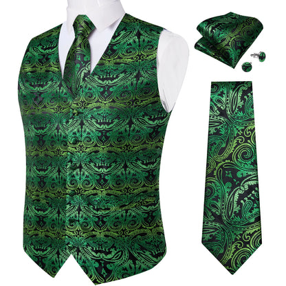 Fashion Light Blue Paisley Silk Vests for Men with Tie Handkerchief Cufflinks Business Wedding Party Waistcoat Tuxedo Vest