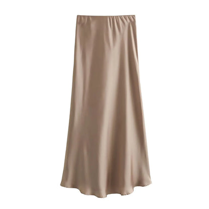 2026 New Women's European And American Style Fashion Silk Satin Texture High Waist Skirt Street Style Elegant Mid-length Skirt