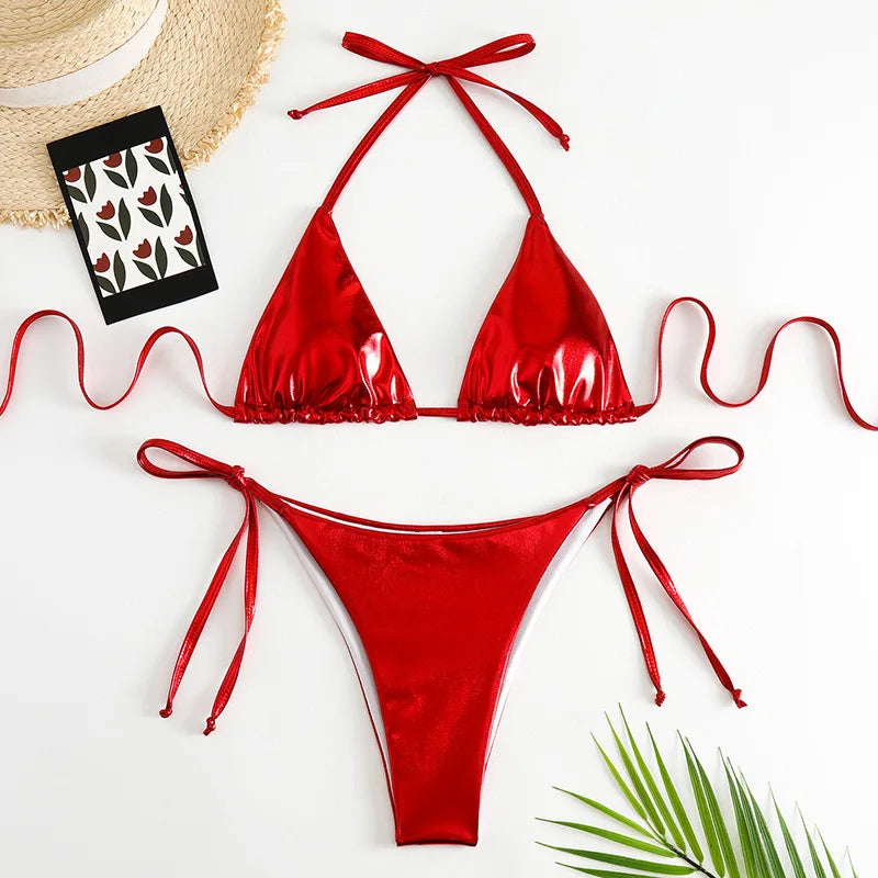 Sexy Gold Silver Red Strings Bikini 2024 Women Swimsuit Female Swimwear Thong Bikinis Set Brazilian Beach Bathing Suit Biquini