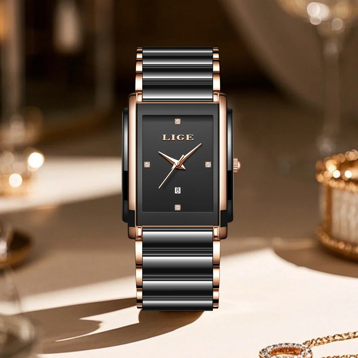 Women's Rectangular Ceramic Quartz Date Watch