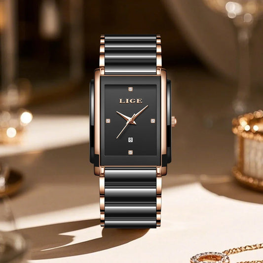 Women's Rectangular Ceramic Quartz Date Watch