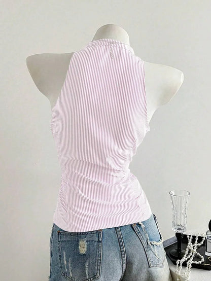 Summer Casual Shirt Women's Blue Striped Halter Top V Neck Button Down Sleeveless Slim Fit Blouse 2026 Y2K Style Streetwear