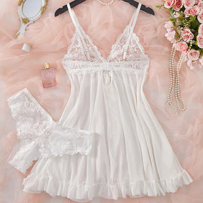 Sexy Lingerie Set Women Erotic Bra Nightdress Sexy Lace V-Neck Underwear Solid Slim Soft Dresses Transparent Thong & Sleepwear