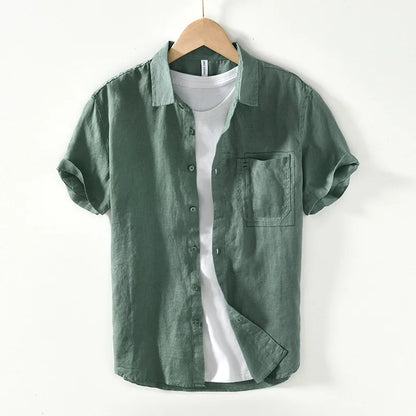 Summer New Casual Cargo Short Sleeve Shirts for Men Pure Linen Simple Slim Thin Men Clothing BL993