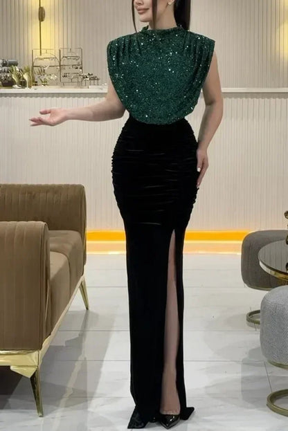Lady Fashion Sleeveless Draped Split Dress Casual O Neck Sequin Splicing Party Dress 2025 New Year Elegant High Waist Long Dress