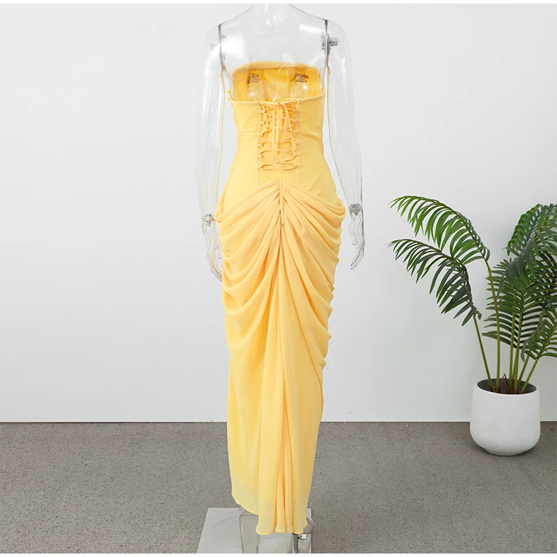 Elegant Yellow Strapless Pleated Dress Women Chic Sleeveless Waist Cinching Split Maxi Gowns Lady Evening Party Dresses 2026 New