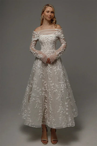 Kyoto Customized Lace Flowers Detachable Long Sleeves Wedding Dress Ankle-Length Glitter vestidos de novia A-Line Formal Gown