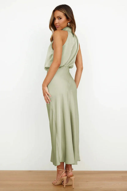 Foridol One Shoulder Turtleneck Tank Satin Women Party Dress Robe Zip Sleeveless Elegant Vintage Folds Women Clothing 2025