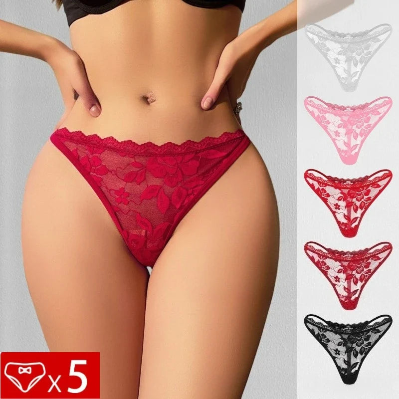 5pcs/pack Low Rise Sexy Lace Women G-string Solid Elegant Floral Panties Sexy Lingerie Comfortable Lady Thongs New Underwear
