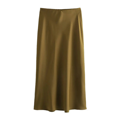 2026 New Women's European And American Style Fashion Silk Satin Texture High Waist Skirt Street Style Elegant Mid-length Skirt