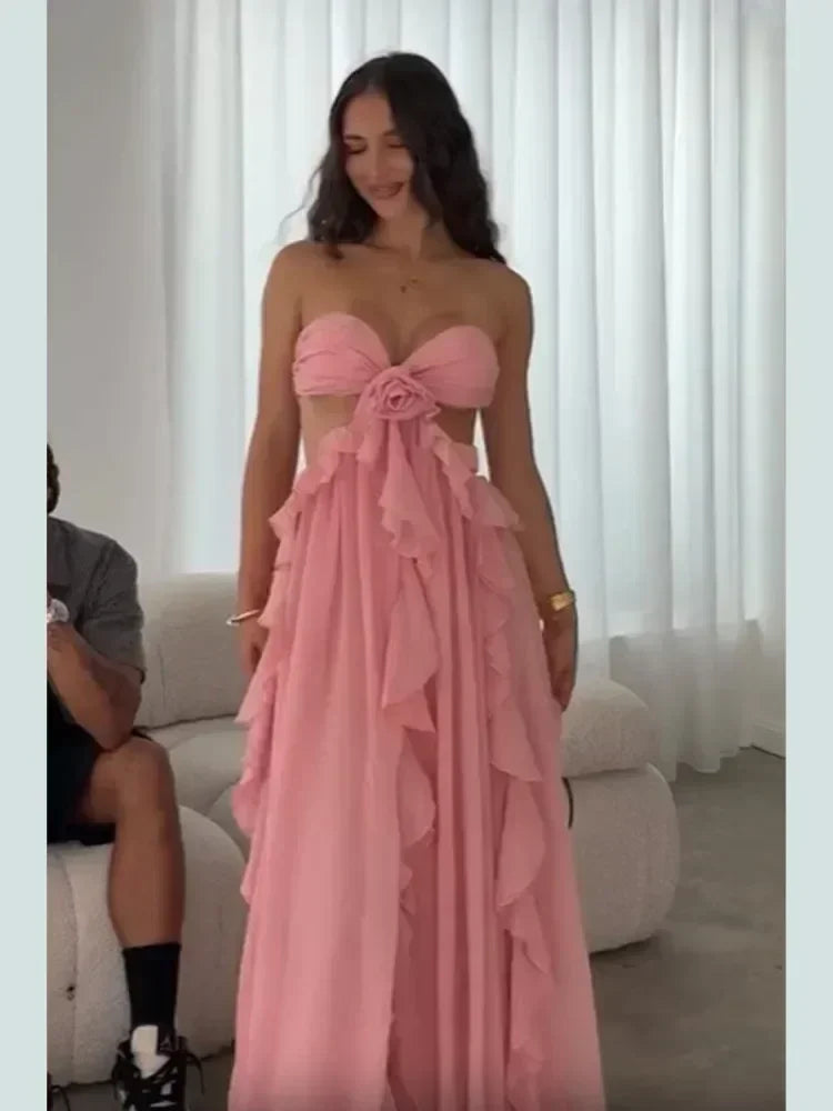 Chic Women Spring Hollow Out 3d Flower Ruffled Hem Long Dress Elegant Off Shoulder Backless Robe 2025 New Lady Street Party Gown