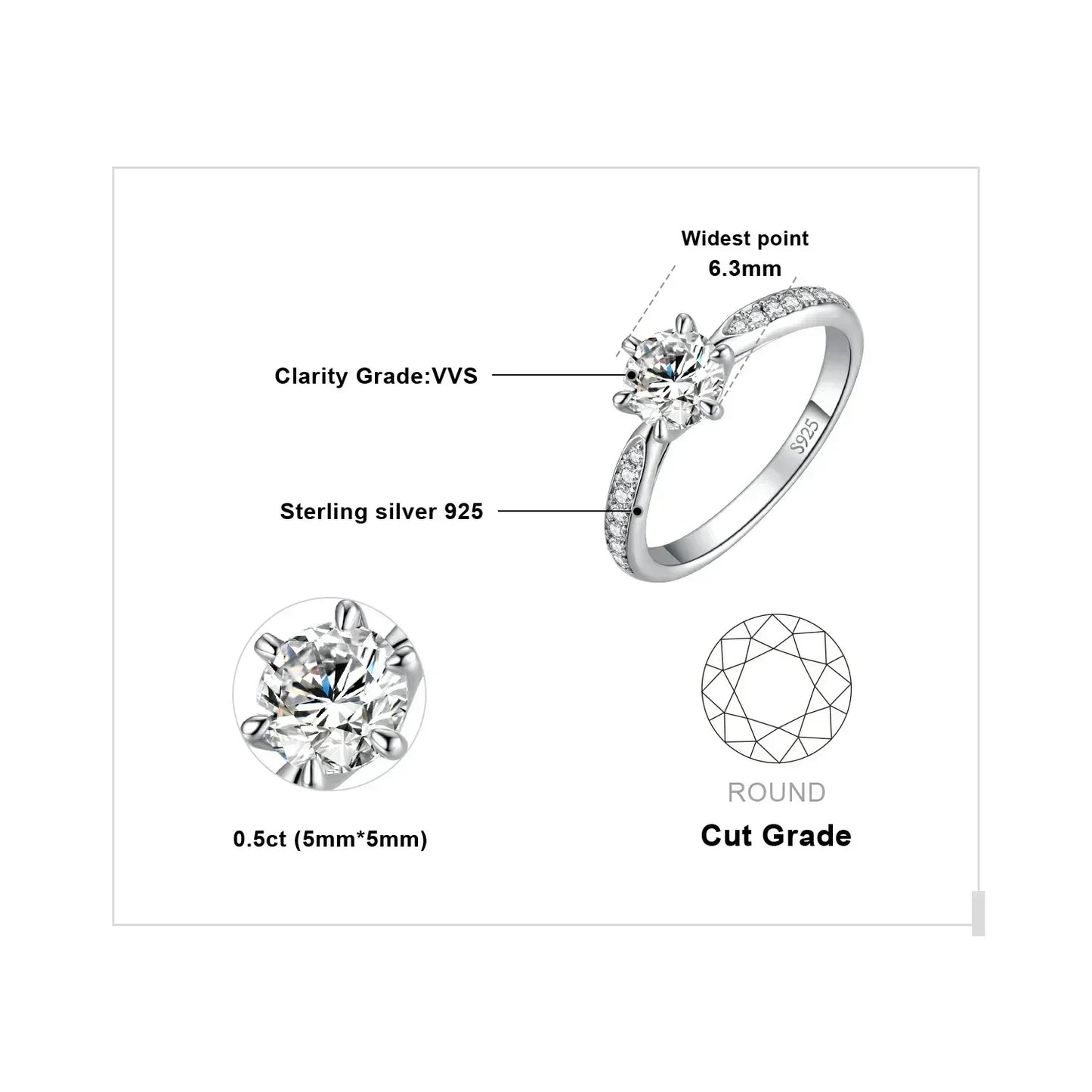 JewelryPalace Moissanite D Color 0.5ct 1ct 1.5ct 2ct 3ct Round S925 Sterling Silver Wedding Engagement Ring for Women
