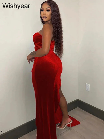 Wishyear Elegant Sparkly Bodycon Long Dresses with Trail Christmas Birthday Dress for Women Sequin Velvet Maxi Evening Vestidos