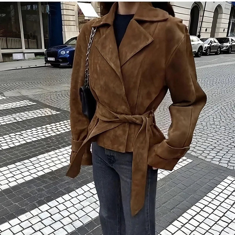 Phantasy Fashion Vintage Belt-Down Jacket Autumn Winter V-Neck Commuter Brown Suit Casual Style High-End Women's Clothing 2025