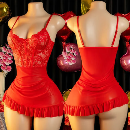 Ladies Sexy Lingerie Bra Erotic Set Transparent Deep V Lace Nightdress Women's Delicate Dress Summer Backless Hot Underwea Set