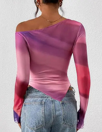 Women's Off-Shoulder Ruffled Sleeve Long-Sleeve Top with Asymmetrical Tie-Dye Mesh Asymmetrical Pleated Floral Print T-Shirt