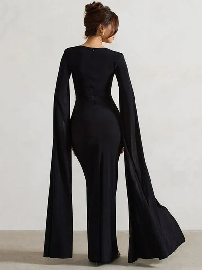 Mozision Long Cape Sleeve Split Maxi Dress For Women Gown Fashion Solid Square Collar Evening Sexy Long Dress Elegant New
