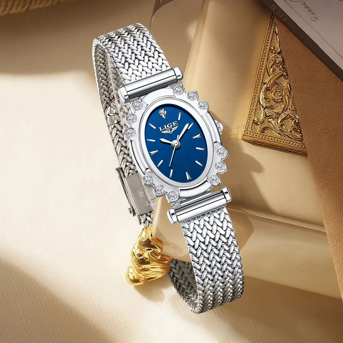 Women's Oval Crystal Bezel Watch, Woven Stainless Steel Bracelet