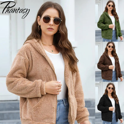 Phantasy Woman Hooded Fleece Coat Womens Casual Jacket Soft Heavy Autumn Winter Solid Hooded Jacket Ladies Outwear Overcoat