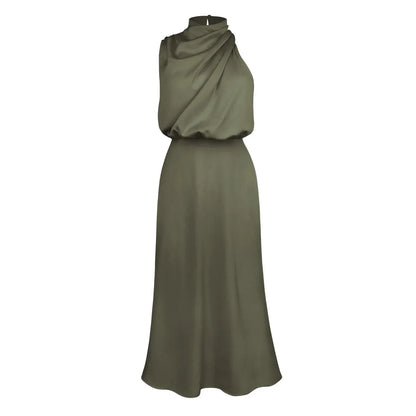 Foridol One Shoulder Turtleneck Tank Satin Women Party Dress Robe Zip Sleeveless Elegant Vintage Folds Women Clothing 2025