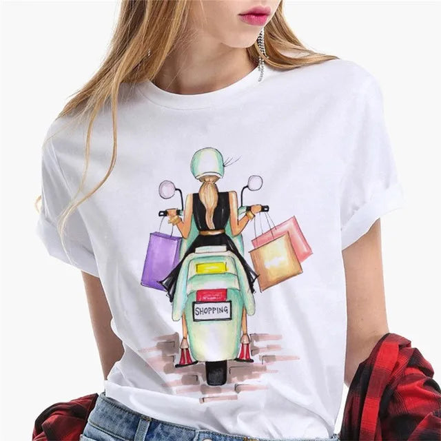 Paris Girl Europe and America Fashion Loose Ins White Short-sleeved T-shirt Woman Graphic T Shirts  Harajuku  Women Clothes