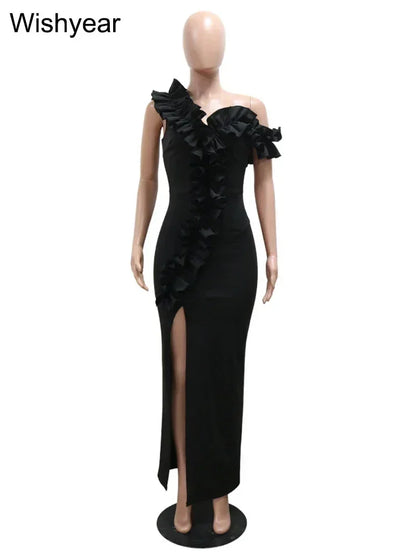 Sexy Night Sleeveless Off Shoulder Wooden Ear Edge Ruffles Bodycon Split Red Midi Dress Women Evening Birthday Party Vestidos