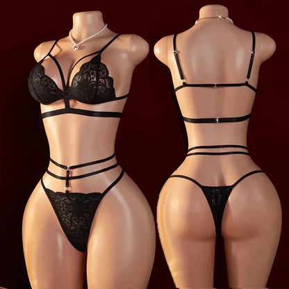 Sexy Lingerie Open Bra Set Transparent Lace  Deep V Open Bra And Panty Sets Erotic Costumes Women Sleepwear Plus Size Underwear