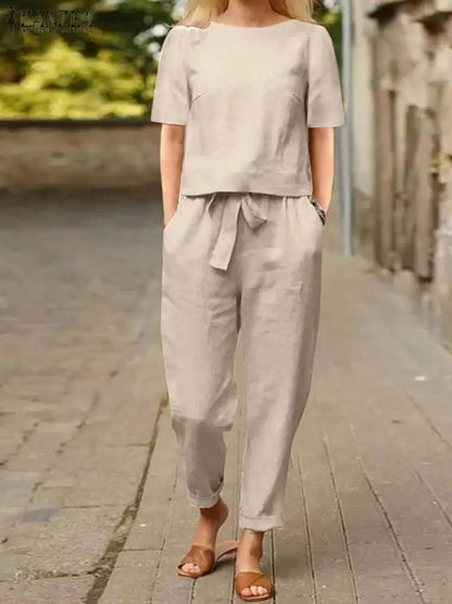 ZANZEA Summer Women Short Sleeve Blouse Harem Pants Sets 2PCS Solid Tracksuit Two Piece Sets Loose Outifit Casual Matching Sets