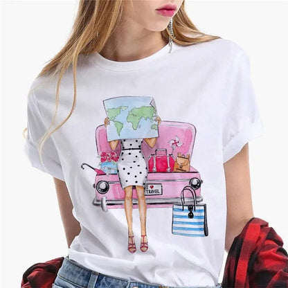 Paris Girl Europe and America Fashion Loose Ins White Short-sleeved T-shirt Woman Graphic T Shirts  Harajuku  Women Clothes