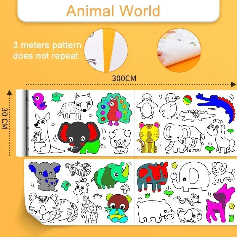 Children Drawing Roll Sticky Graffiti Scroll DIY Painting Color Filling Paper Coloring Papers for Kids Educational Toys Gifts