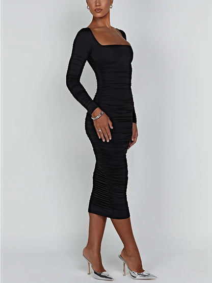 Autumn and Winter Women Sexy Bodycon Dress Square Neck Long Sleeved Ladies Evening Dresses
